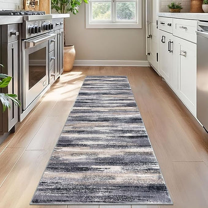 Modern Abstract Bedroom Runner Rug 2x7, Grey Black Multi Washable Kitchen Runner, Non-Slip Soft Thin Faux Wool Mat for Entryway, Hallway, Laundry Room, Indoor Home Decor