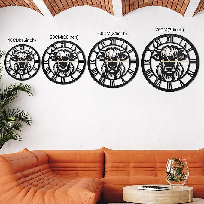 Wall Clocks Battery Operated, Large Slient Black Metal Decorative Wall Clock,Big Oversized Wall Clocks for Living Room Decor,Bedroom, Kitchen (Highland Bull Wall Clock, 30 Inch)