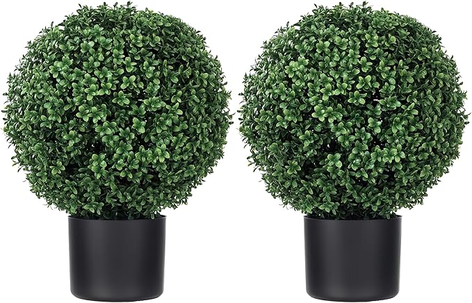 HOMCOM Set of 2 20.5" Artificial Ball Boxwood Topiary Trees with Pot, Indoor Outdoor Fake Plants for Home Office & Living Room Decor