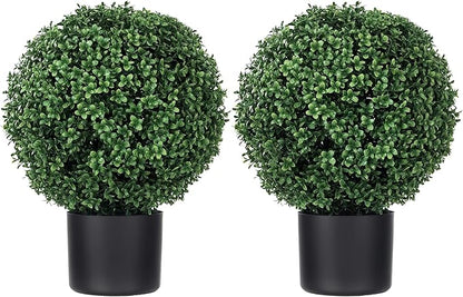 HOMCOM Set of 2 20.5" Artificial Ball Boxwood Topiary Trees with Pot, Indoor Outdoor Fake Plants for Home Office & Living Room Decor