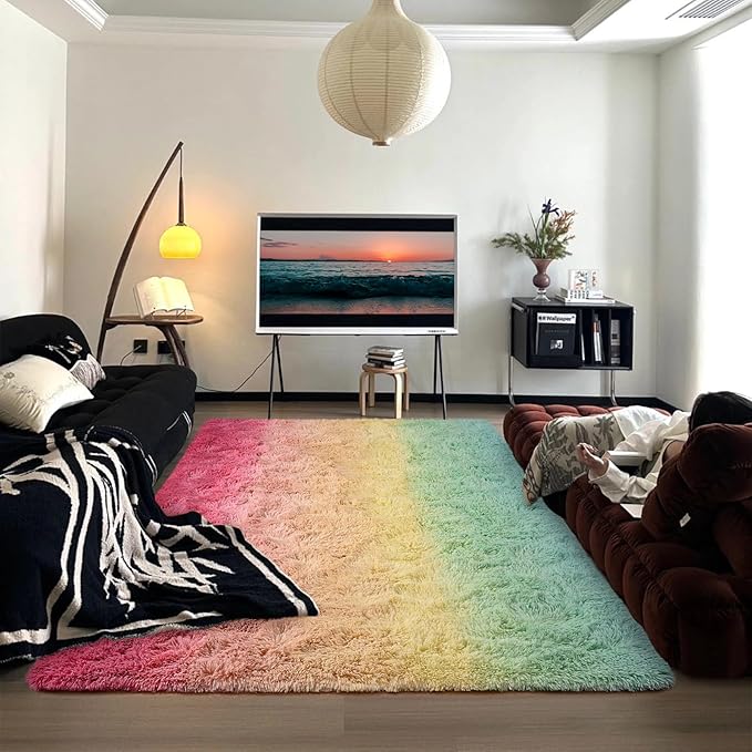 DweIke Luxury Fluffy Kids Rugs for Living Room Bedroom, 6x9 Large Shaggy Rainbow Pink Area Rug for Girls Boys, Upgrade Plush Non-Slip and Washable Colorful Fuzzy Carpet for Dorm Nursery Decor