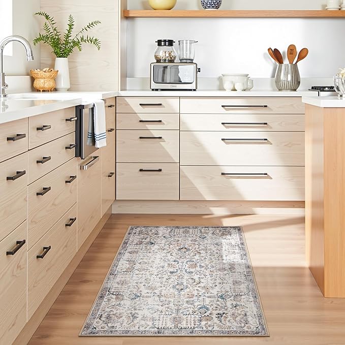 jinchan Area Rug 2x3 Washable Entryway Rug Vintage Doormat Indoor Entrance Lightweight Thin Retro Distressed Door Mat Floral Print Country Boho Non Slip Carpet for Bathroom Kitchen Bedroom Blue