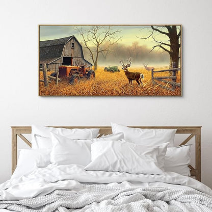 XLSJERST Large Deer Wall Art for Living Room Canvas Prints Decor Decoration Country Tractor Rustic Wildlife Cabin Hunting Picture Glass Surface Artwork Ready to Hang for Bedroom Home Office 24x48