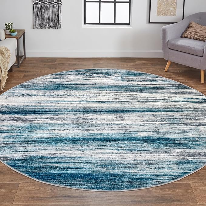 KOZYFLY Modern Abstract Round Area Rug 5Ft, Washable Kitchen Rug Non-Slip Soft Bathroom Circle Rug, Blue Striped Entryway Rugs Print Faux Wool Doormat for Bedside Entrance Bedroom Sink