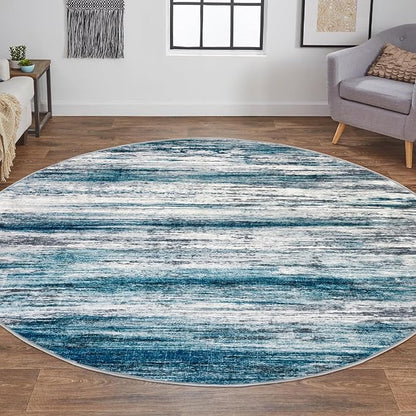 KOZYFLY Modern Abstract Round Area Rug 5Ft, Washable Kitchen Rug Non-Slip Soft Bathroom Circle Rug, Blue Striped Entryway Rugs Print Faux Wool Doormat for Bedside Entrance Bedroom Sink