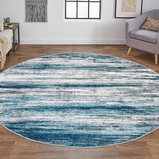 KOZYFLY Modern Abstract Round Area Rug 5Ft, Washable Kitchen Rug Non-Slip Soft Bathroom Circle Rug, Blue Striped Entryway Rugs Print Faux Wool Doormat for Bedside Entrance Bedroom Sink