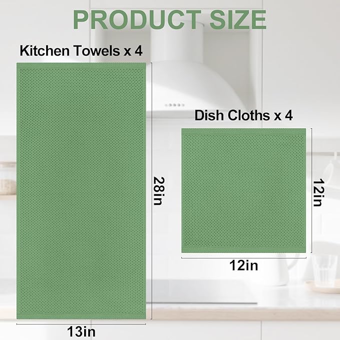 Homaxy 100% Cotton Kitchen Towels and Dishcloths Set, 12 x 12 Inches and 13 x 28 Inches, Set of 8 Bulk Kitchen Towels Set, Ultra Soft Absorbent Dish Cloths for Washing Dishes, Grass Green