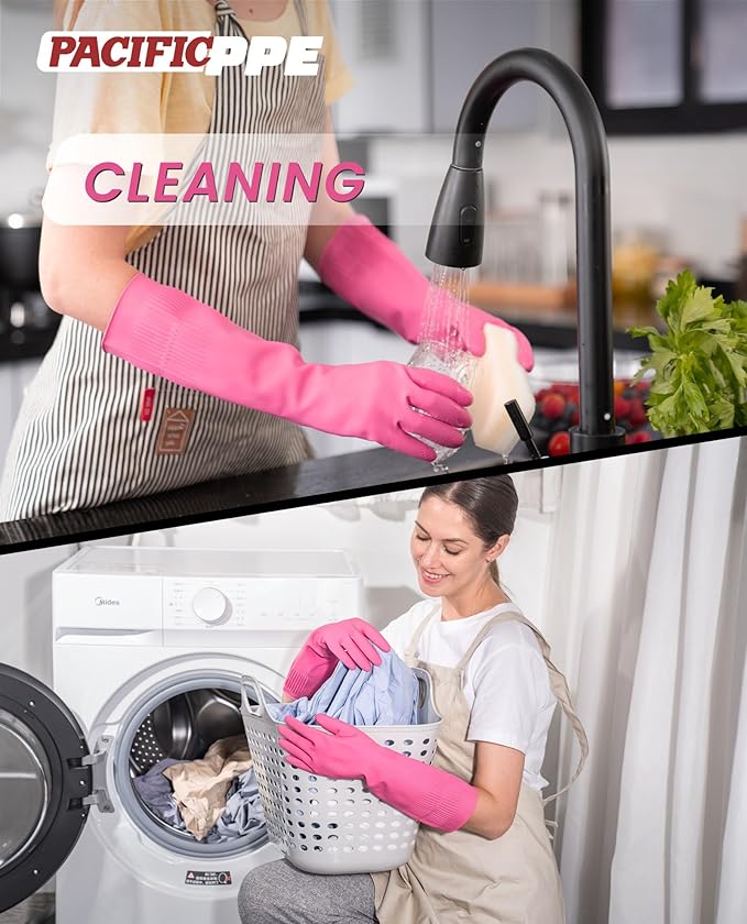 PACIFIC 2 Pairs Reusable Rubber Gloves for Washing Dishes and Cleaning Tasks, Water Resistant Household Gloves for Kitchen Bathroom, Grippy Latex Dish Washing, Pink, Meidum