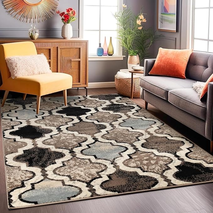Superior Indoor Large Area Rug, Jute Backed, Perfect for Living/ Dining Room, Bedroom, Office, Kitchen, Entryway, Modern Geometric Trellis Floor Decor, Viking Collection, 8' x 10', Ivory