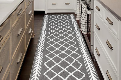 8 Ft Non-Slip Grey Soft Indoor Bohemian Trellis Hallway Kitchen Runner Rug, 2'7" X 8' Washable Carpet - Rubber Backed, Custom Size Floor Mat for Entryway Stairs Bedroom Bathroom