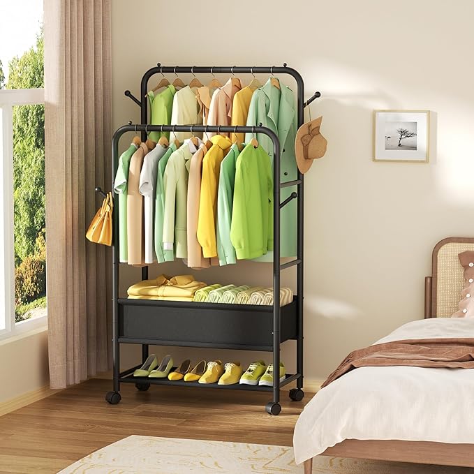 Clothing Racks for Hanging Clothes, Portable Clothing Rack with Wheels Rolling Clothes Racks, Black Garment Racks-Storage Box