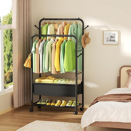 Clothing Racks for Hanging Clothes, Portable Clothing Rack with Wheels Rolling Clothes Racks, Black Garment Racks-Storage Box