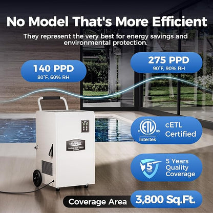 ALORAIR Commercial Dehumidifier 275 Pints with Drain Hose SLGR Tech High Efficient Industrial Dehu for Water Damage Restore, Basement, Warehouse, Home Use, Garage, 5 Years Limited Warranty