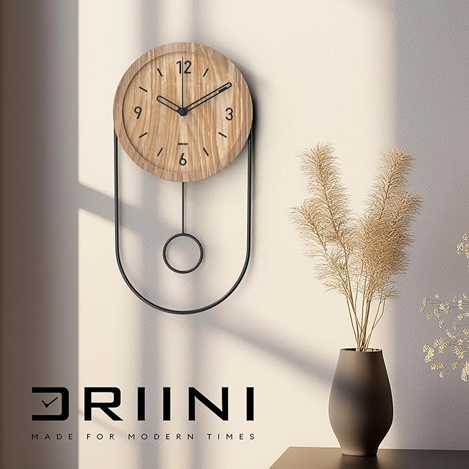 Driini Decorative Wall Clock with Pendulum (Light) – Modern Wood; 3D Black Numbers; Metal Frame – Small, Unique Wall Clocks for Living Room Decor or Bathroom - Battery Operated, Silent, Non-Ticking