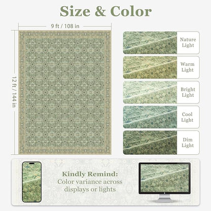 Sage Green 9x12 Rugs for Living Room, Large Area Rug Washable Non Slip Low Pile Ultra Thin, Boho Floral Moroccan Pattern Printed Carpet Rug for Bedroom Dining Room