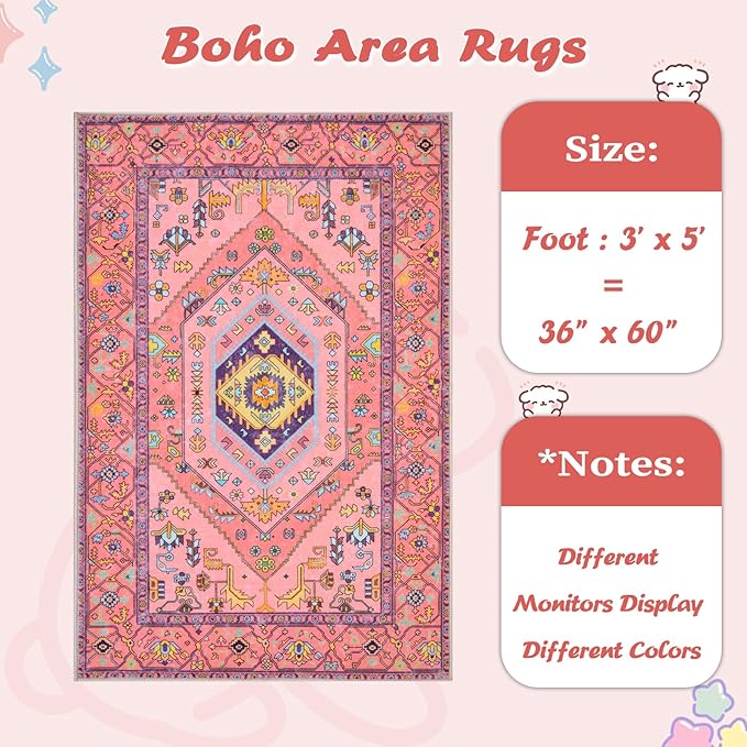 SERISSA Area Rug 3x5 for Baby Girls Bedroom, Washable Non-Slip Boho Nursery Rug, Ultra Soft Cute Pastel Aesthetic Fuchsia Pink Rugs for Indoor Entryway Kitchen Office Kids Playroom Dorm Decor