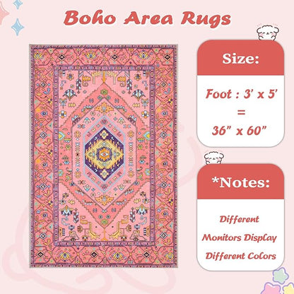 SERISSA Area Rug 3x5 for Baby Girls Bedroom, Washable Non-Slip Boho Nursery Rug, Ultra Soft Cute Pastel Aesthetic Fuchsia Pink Rugs for Indoor Entryway Kitchen Office Kids Playroom Dorm Decor