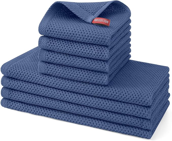 Kitinjoy 100% Cotton Kitchen Towels and Dishcloths Set, 8 Pack Waffle Weave Dish Towels Ultra Soft Absorbent Quick Drying Dish Rags, 13 x 28 Inch and 12 X 12 Inch, Navy Blue