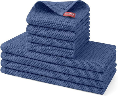 Kitinjoy 100% Cotton Kitchen Towels and Dishcloths Set, 8 Pack Waffle Weave Dish Towels Ultra Soft Absorbent Quick Drying Dish Rags, 13 x 28 Inch and 12 X 12 Inch, Navy Blue