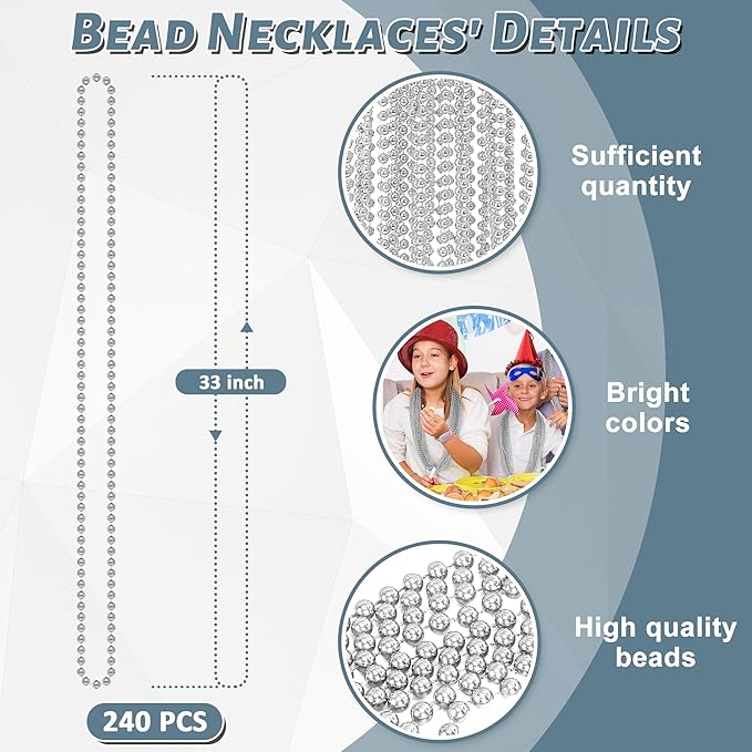 240PCS Silver Bead Necklace, Christmas Beads Stuff Accessories, 33" Xmas Necklaces Women and Men, Festival Events Parade Throw Accessories for Wedding Birthday Celebrations Decorations