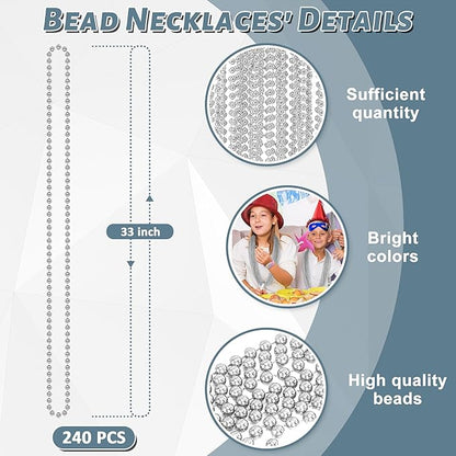 240PCS Silver Bead Necklace, Christmas Beads Stuff Accessories, 33" Xmas Necklaces Women and Men, Festival Events Parade Throw Accessories for Wedding Birthday Celebrations Decorations
