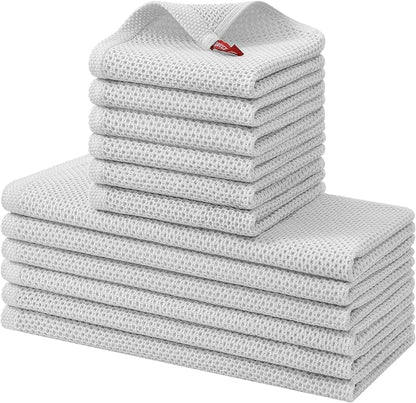 Kitinjoy 100% Cotton Kitchen Towels and Dishcloths Set, 12 Pack Waffle Weave Dish Towels Ultra Soft Absorbent Quick Drying Dish Rags, 13 x 28 Inch and 12 X 12 Inch, Light Grey