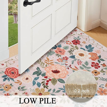 DUKINO 2x4 Rug for Entryway, Washable Kitchen Floral Runner Rug with Non Slip Backing, Low Pile Soft Boho Carpet for Kitchen, Hallway, Entryway, Laundry, Bedroom, Beige