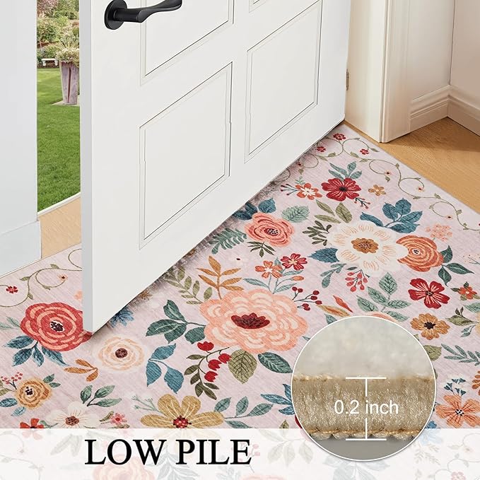 DUKINO Runner Rug, 2x7 Boho Kitchen Rug for Hallways with Low Pile Design, Washable Non Slip Backing Soft Floral Runner for Kitchen, Hallway, Entryway, Bedroom, Laundry, Beige