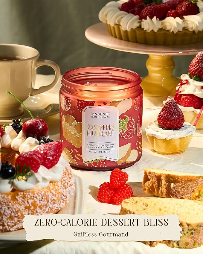 M&SENSE Raspberry Pound Cake Scented Candle 11.6oz, Natural Soy Wax Double Wick, 70H Burn Time for Bedroom Relaxing, Holiday Home Decor, Gift-Ready for Women