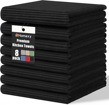 Homaxy Premium Kitchen Towels (18"x 28", 8 Pack), Large 100% Cotton Kitchen Hand Towels, Ultra Absorbent Ribbed Terry Tea Towels Set with Hanging Loop, Black