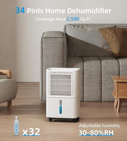 VEAGASO 2500 Sq. Ft Dehumidifier for Basement, 34 Pint Dehumidifiers For Home, Large Room, Auto Drain or Manual Drainage, Digital Control Panel, Auto Defrost, 24H Timer