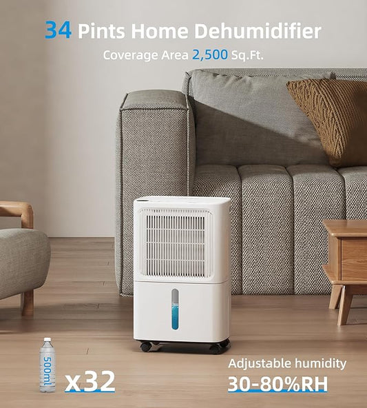 VEAGASO 2500 Sq. Ft Dehumidifier for Basement, 34 Pint Dehumidifiers For Home, Large Room, Auto Drain or Manual Drainage, Digital Control Panel, Auto Defrost, 24H Timer