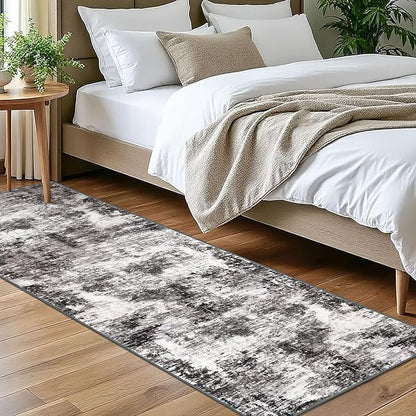 Modern Abstract Runner Rug for Bedroom 2x7, Black Grey Washable Kitchen Runner, Non-Slip Soft Thin Faux Wool Mat for Entryway, Hallway, Laundry Room Indoor