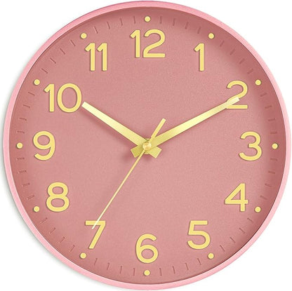 Silent Wall Clocks Battery Operated 10 Inch-Modern Non Ticking Analog Clock Decorative for Kitchen Office Bathroom Bedroom(Pink Gold)