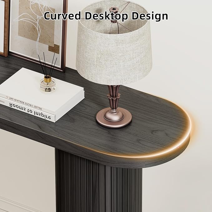 55 Inch Console Table, Fluted Entryway Table, Mid-Century Modern Sofa Table Behind The Couch, Hallway Tables, Curved Sofa Stand for Hallway, Living Room, Foyer Black
