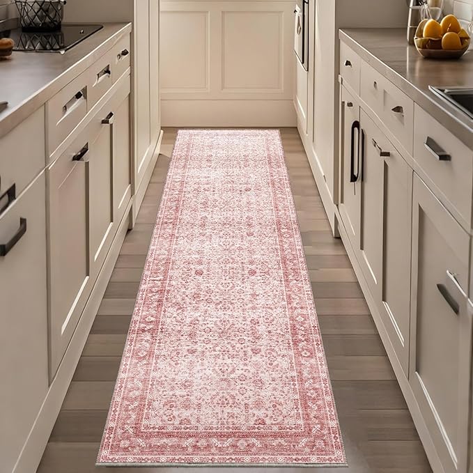 OPPODREAM Thin Vintage Pink 2x8 Runner Rug, 2 x 8 Retro Washable Rug Non Slip, Low-Pile Faux Wool Carpet, Distressed Floor Mat for Kitchen, Hallway, Entry-Way, Entrance, Indoor Back Door