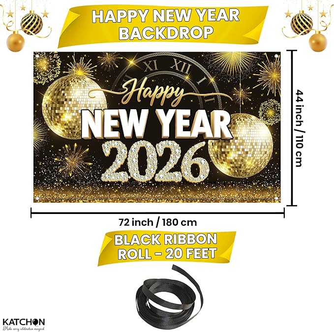 KatchOn, XtraLarge Happy New Year Banner - 72x44 Inch | Gold Happy New Year Backdrop 2026 for New Years Decorations 2026 | NYE Banner for NYE Decorations 2026 | New Years Eve Party Supplies 2026