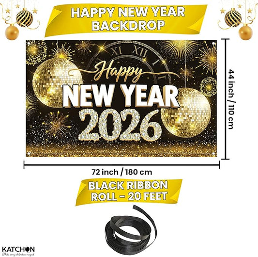 KatchOn, XtraLarge Happy New Year Banner - 72x44 Inch | Gold Happy New Year Backdrop 2026 for New Years Decorations 2026 | NYE Banner for NYE Decorations 2026 | New Years Eve Party Supplies 2026