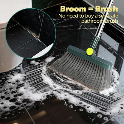 Broom and Dustpan Set – Stainless Steel Long-Handled Broom, Upright Broom with Self-Cleaning Hair Dustpan Teeth, Indoor & Outdoor Use, Suitable for Office, Kitchen & Bathroom