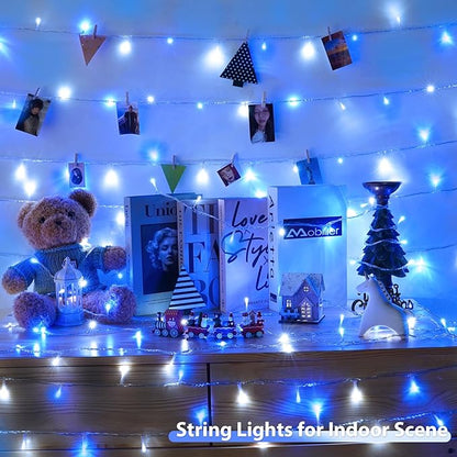 2 Pack String Lights Battery Operated with Timer, 66FT 200 LED Waterproof Battery Twinkle Lights, 8 Modes Fairy Light for Indoor & Outdoor Party Bedroom Christmas Decorations (Blue and White)