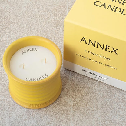Scented Luxury Candles in Handmade Ceramic Jars, Soy Wax | Flower Bomb – Lily of The Valley & Jasmine, Large Candle | Non Toxic, 2 Wicks, Reusable Yellow Jar | Natural Spring Aromatherapy for Women