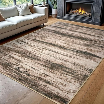 KOZYFLY Washable Rugs 8x10 Area Rug Modern Ombre Thin Rugs for Living Room, Washable Large Non-Slip Soft Striped Rug for Bedroom, Print Blush Brown Abstract Carpet for Laundry/Kid Room