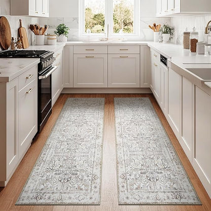 jinchan Kitchen Runner Rug 2x8-2pcs, Bohemian Hallway Washable Rug Floral Non Slip with Rubber Backing Vintage Carpet Runner for Bedroom Bathroom Laundry Room Living Room Beige