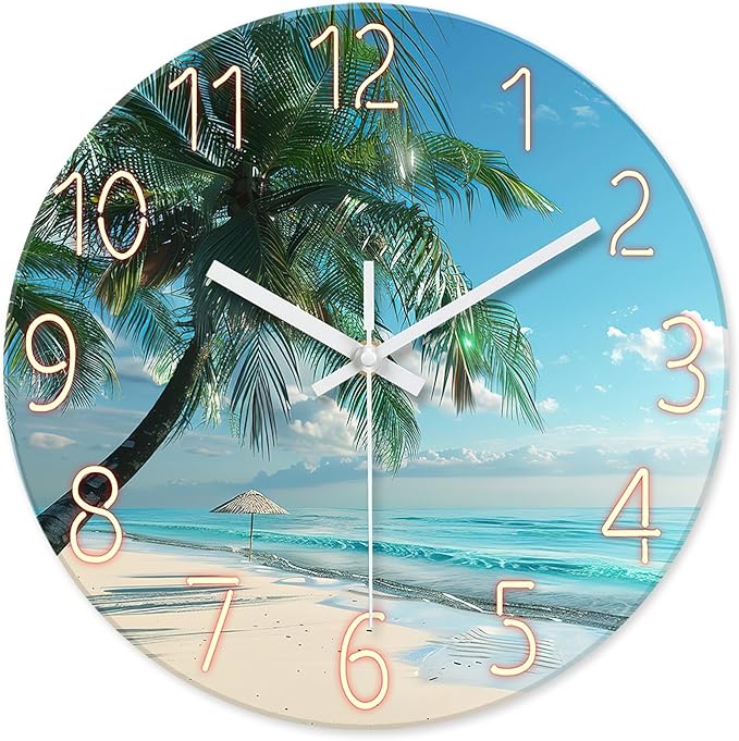 XFM Beach Wall Clock Silent Non-Ticking Battery Operated Clocks 12 Inch Blue Ocean Tropical Palm Tree Wall Clock Decorative for Living Room Kitchen Bedroom Office