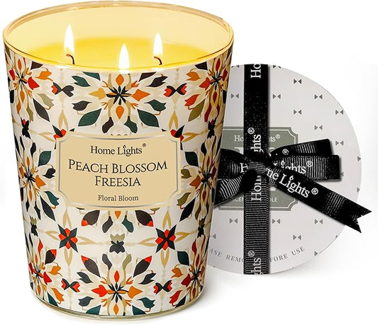 HomeLights Scented Candles | Large Jar 34 Oz Natural Soy Candle | 130 hrs Long-Lasting with 3 Wicks | Bohemian Natural for Home Decor | Gifts for Mom & Women, Peach Blossom Freesia
