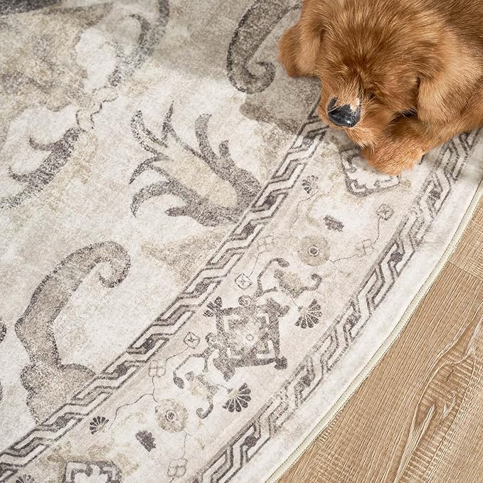 jinchan Round Rug 8ft Area Rug Vintage Floor Mat Kitchen Indoor Ultra-Thin Soft Floral Print Washable Circle 8' Accent for Farmhouse Non Slip Dining Room Living Room Bedroom Office Taupe