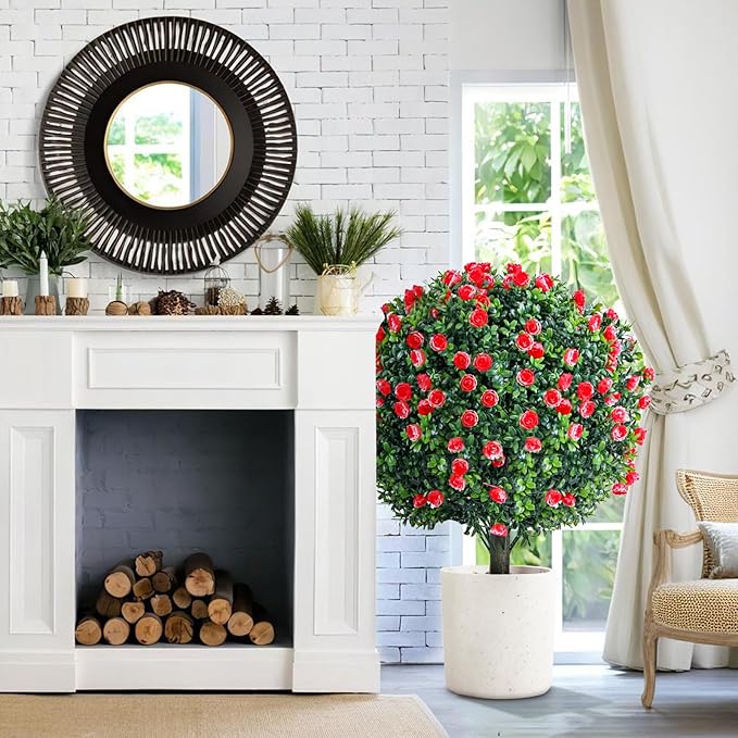 2 Set Artificial Rose Bushes for Outdoors, 27.6''H Artificial Boxwood Plants Outdoor with Spike, Faux Flowering Shrubs, UV Resistant Large Topiary Balll Trees for Porch Garden Yard Patio Decor