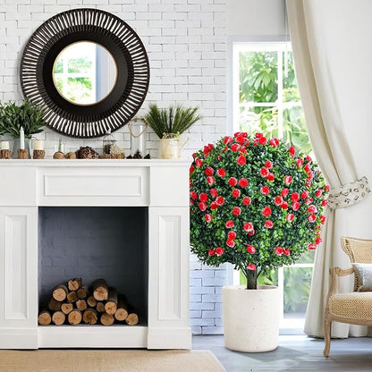 2 Set Artificial Rose Bushes for Outdoors, 27.6''H Artificial Boxwood Plants Outdoor with Spike, Faux Flowering Shrubs, UV Resistant Large Topiary Balll Trees for Porch Garden Yard Patio Decor