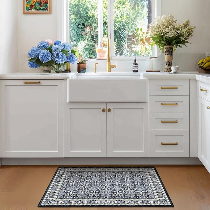 Dark Blue Entry Rugs Indoor, 2x3 Small Door Rugs for Entryway/Kitchen/Bathroom, Washable Non Slip Low Pile Thin Door Mat Indoor Entrance, Boho Floral Moroccan Trellis Printed Transitional Style