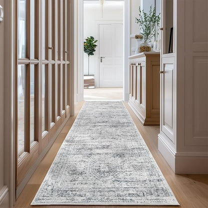 Long Bathroom Rugs Runner - Washable Runner Rugs for Hallway 2x10, Ultra-Thin Soft Kitchen Carpet Runner, Anti Slip Backing Runner Rugs for Entrance, Bedroom, Living Room(2'x10', Grey/Ivory)